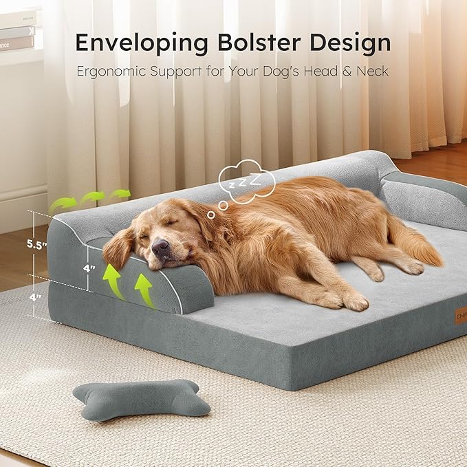 XL Orthopedic Dog Bed Extra Large Dog Bed Dual-Sided Pet Cooling Beds with Memory Foam Washable Cover Nonslip Bottom Waterproof XLarge Pet Couch Beds with Bolsters Light Grey