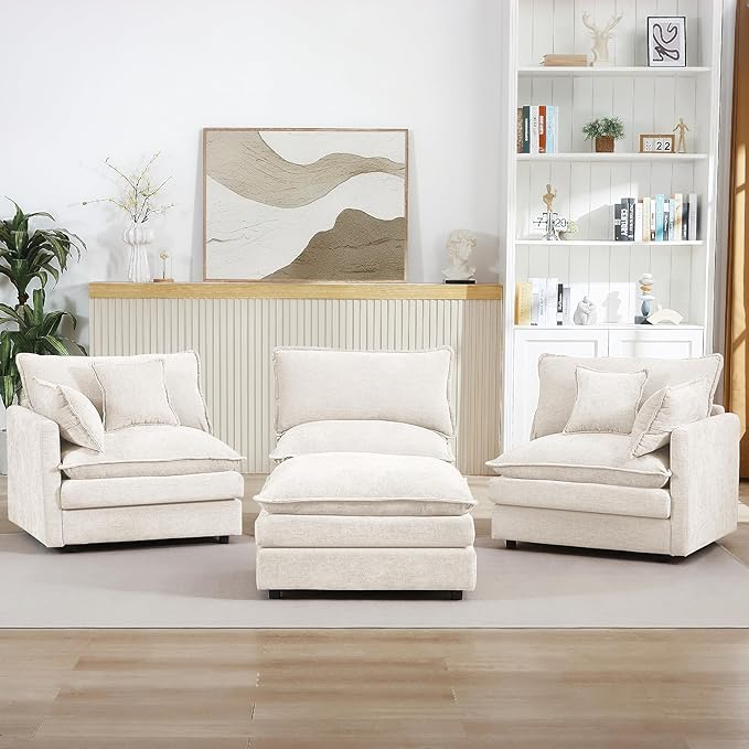 Beige Sectional Modular Sofa Cloud Couch 105 Modern Convertible L-Shape Sofa Deep 3-Seater Soft Chenille Comfy Upholstered with Removeable Ottoman Set and Removable Cushions for Living Room