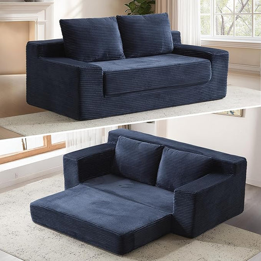 71 Oversized Loveseat Pull Out Sofa 2 in1 Convertible Loveseat Sofa with Pillows Corduroy Folding Couch Bed with Deep Seat Boneless Couch for Small Room No Assembly Required Dark Blue