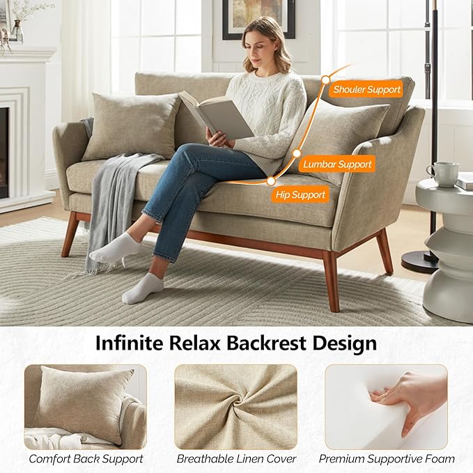 VINGLI 63.5 W Comfy Small Upholstery Love Seat Couch with Soild Rubber Wood Frame 2 Seater Mid Century Linen Fabric Loveseat Sofa Mini Couch with Two Pillows for Small Spaces Bedroom Khaki