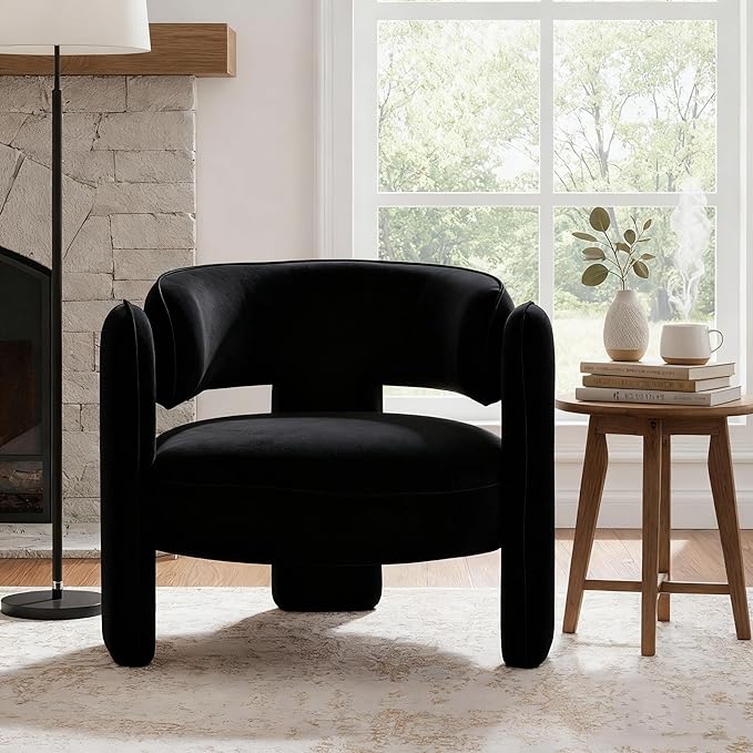 HNY Mid Century Modern Velvet Barrel Accent Chair Comfy Round Upholstered Armchair with Open Back Side Club Chair Lounge Arm Chair for Living Room Bedroom Waiting Rooms Small Spaces Black