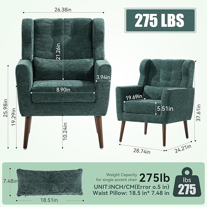 Modern Accent Chair Upholstered Armchair with Pillow Fabric Single Sofa Chair with Lounge Seat and Wood Legs Accent Chair for Living Room Bedroom Small Spaces (Blackish Green)