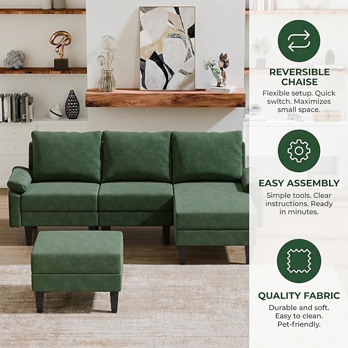 4-Seat U-Shaped Modular Sofa with Double Storage Ottoman - Space-Saving Convertible Lounge Couch for Home &amp Office Green