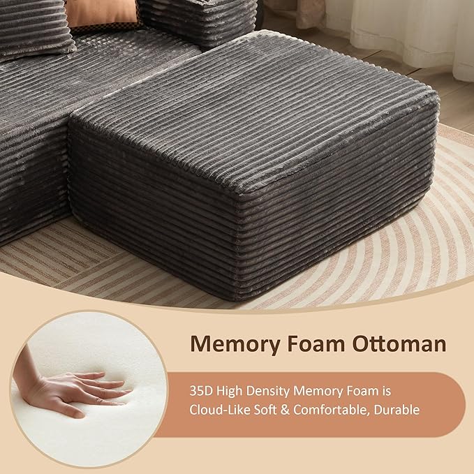 37.1 Ottoman for Couch Memory Foam Cloud Boneless Sectional Couch for Living Room Foot Stools No Assembly Require (Grey Ottoman)