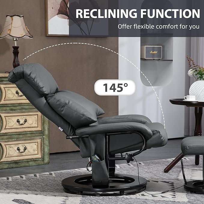 Faux Leather Manual Recliner with Swivel Wood Base and Padded Armrest Comfortable Chair for Living Room Seating.