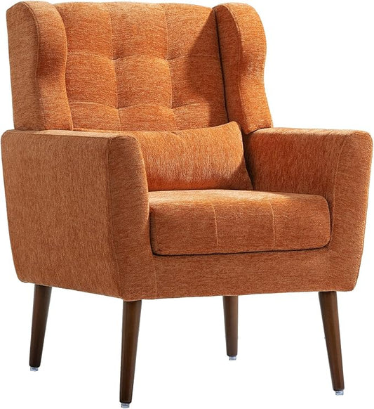 Modern Accent ChairChenille Arm Chairs for Living RoomUpholstered Mordern ArmchairComfy Soft Padded Lounge Chair in Small Space Bedroom w/Pillow Solid Wood Leg (Orange)