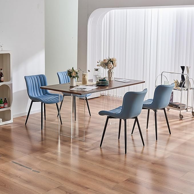 YOUNUOKE Mid-Century Modern Dining Chairs Set of 2 Blue PU Leather Upholstered Kitchen Chairs with Black Metal Legs Armless Accent Chair for Dining Room Guest Reception Room