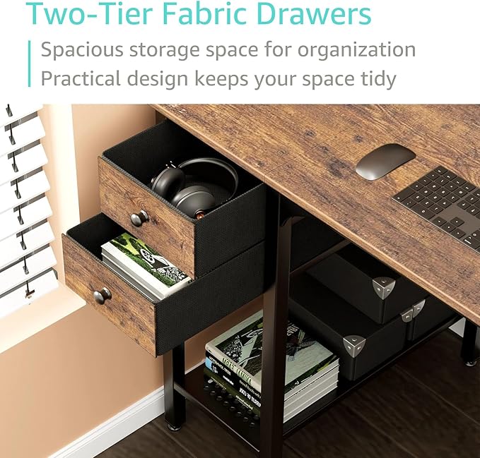 Lufeiya Computer Desk with Drawers - 40 Inch Work Reversible Small Desk for Bedroom Home Office Simple Study Writing Table PC Desks with Drawer Storage Shelves Rustic Brown