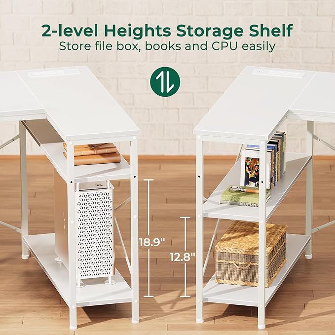 Huuger L Shaped Office Desk with Power Outlets 47 Inch Computer Desk with 3 Drawers Shelves for Gaming Corner Work Home Office Study White