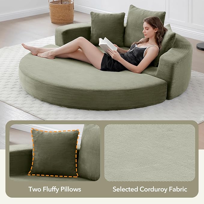 Round Boneless Couch Corduroy Upholstered Folding Convertible Sofa Bed with Pillows 2-in-1 Futon Sofa Bed with Half-Circle Design Comfy Loveseat for Living Room Apartment (Green)