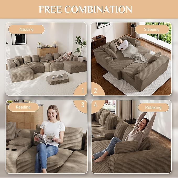 Modular Sectional Sofa with USB Cup Holders Storage 143 U Shaped Cloud Couch Plush Corduroy Deep Seat Boneless Sofas with Double Chaise Lounge Sectional Couches Memory Foam for Living Room - Camel