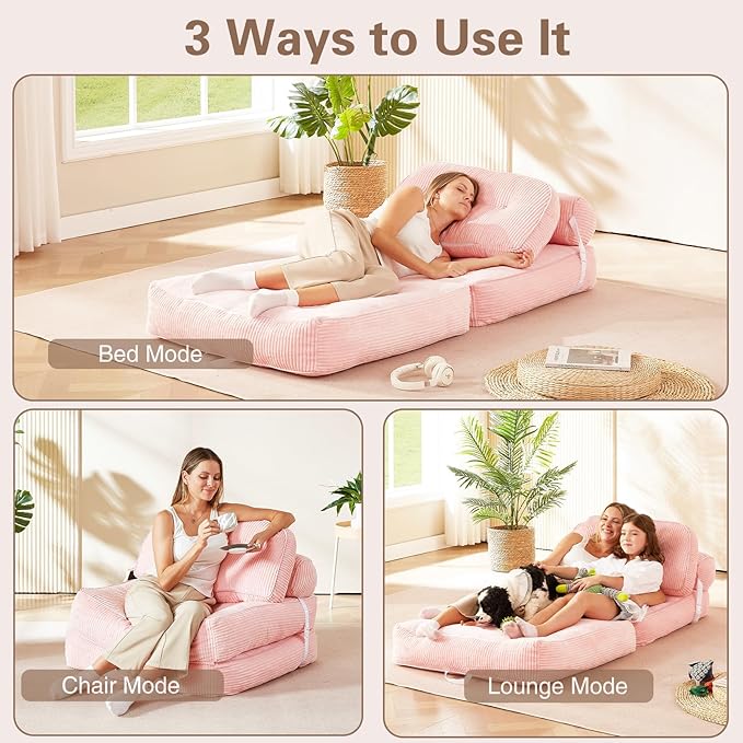 Folding Sofa Bed Flannel Futon Couch Bed with Pillow and Blanket Convertible Sleeper Chair for Living Room Bedroom (Pink+Black)