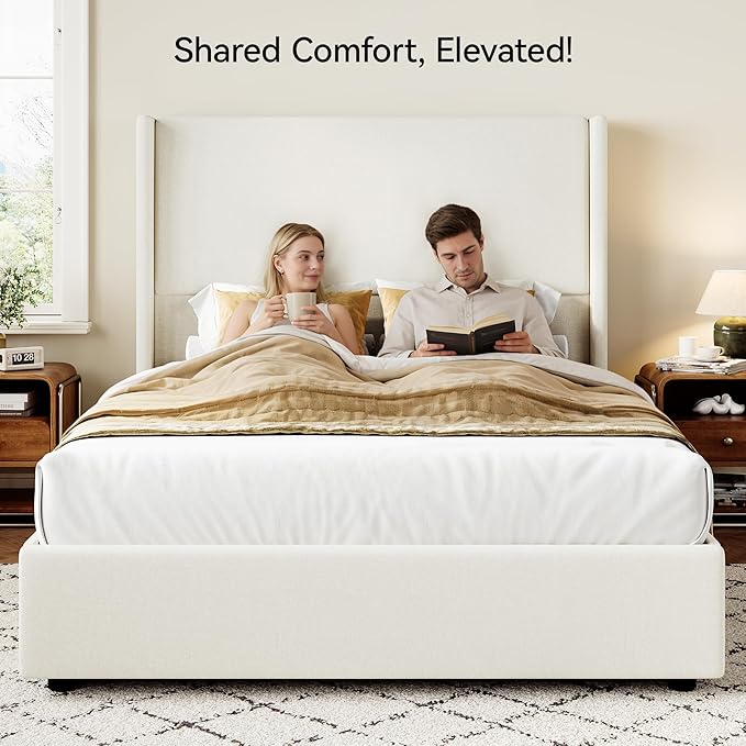Queen Bed Frame Upholstered Platform Bed with 55.5 Tall Wingback Headboard Solid Wooden Slats Noise-Free Mattress Foundation No Box Spring Needed Easy Assembly Beige