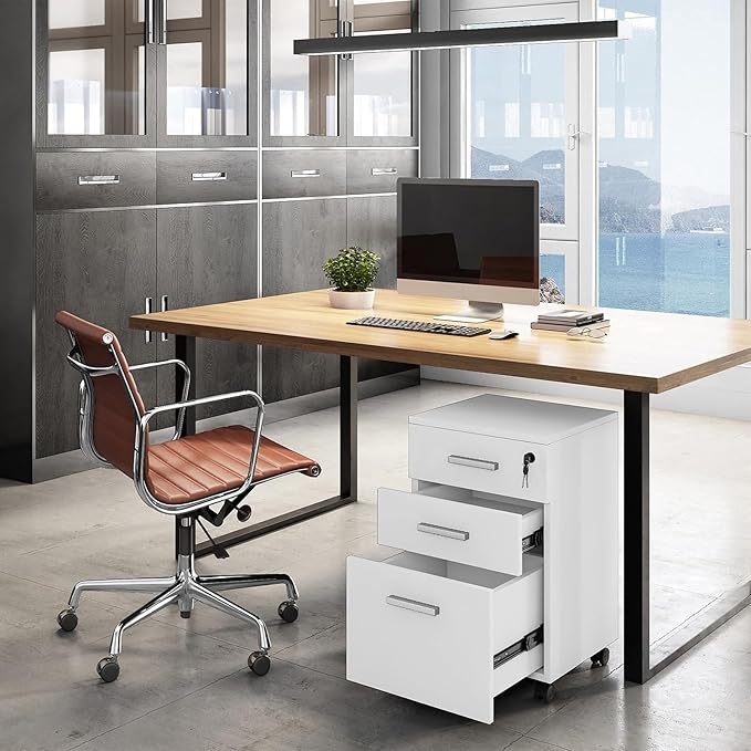 Mobile Vertical File Cabinet - 3-Drawer Lockable Home Office File Cabinet with Drawers Printer Stand with Open Storage Shelves Under Desk White