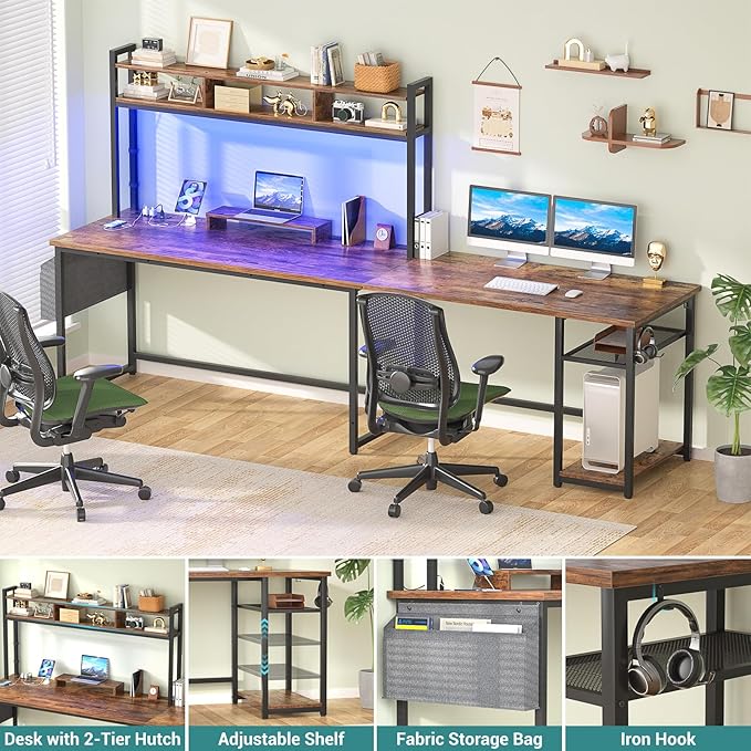 Aheaplus L Shaped Gaming Desk 59 Gaming Desk with Power Outlet and Led Lights Reversible L Shaped Computer Desk with Hutch &amp Monitor Stand Home Office Desk L Shaped Corner Desk Rustic Brown