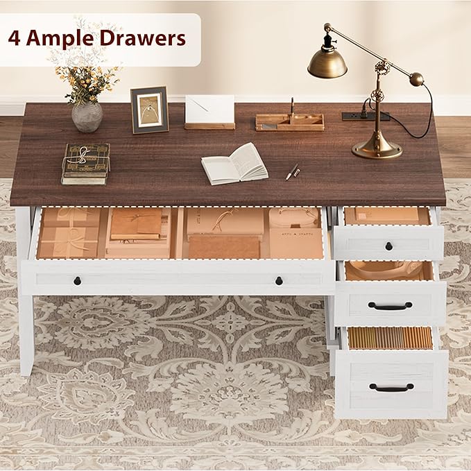 IDEALHOUSE Rustic Wood Double Desk with Built-in Charging Station &amp 4 File Drawers Spacious 2-Person Writing Table for Home Office Heavy-Duty Dual Workstation for Study &amp Work White and Bro