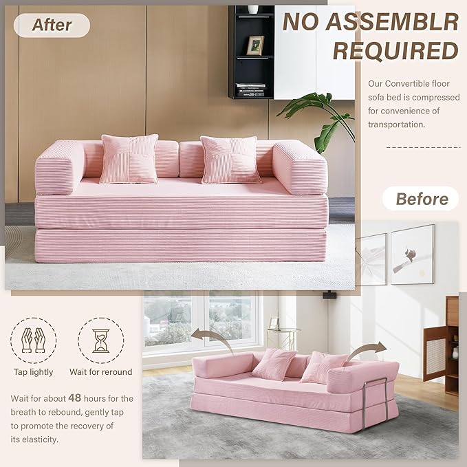 YINIX Foldable Sofa Bed 78'' Folding Floor Couch Compressed Convertable Sleeper Sofa Memory Foam Couch with Pillow Back Support Armrest 4-in-1 Futon Sofa Bed for Living Room Pink