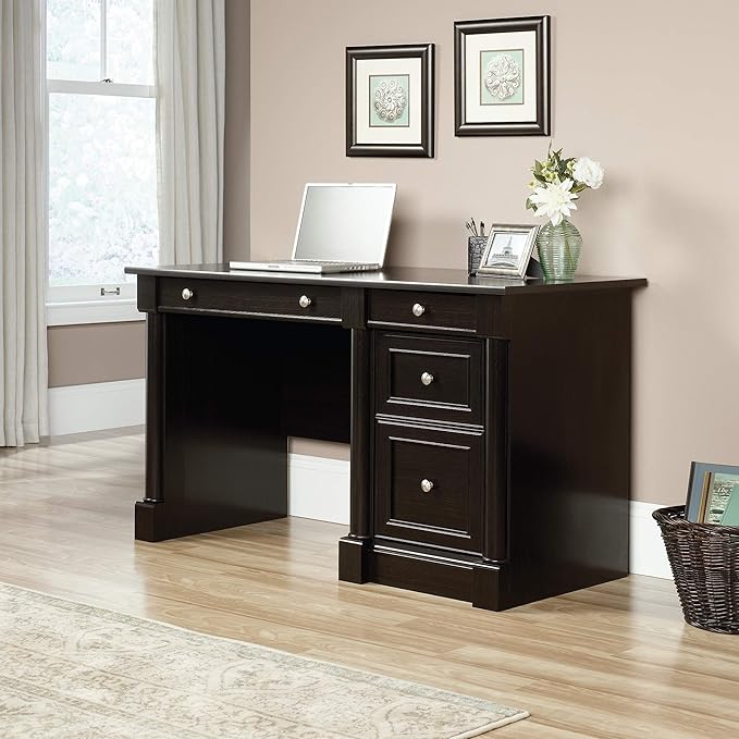 Sauder Palladia Computer Desk with Drawers Home Office Desk with File Cabinet Storage Drawer Cable Management Keyboard Tray in Wind Oak Finish