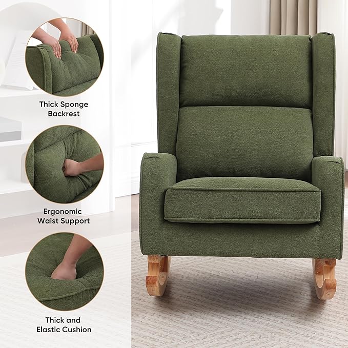 Nursery Rocking Chairs Rocking Chair Nursery for Mom Nursery Rocker with High Backrest and Solid Wood Legs Modern Wingback Accent Rocking Chair for Reading Living Room Bedroom Green