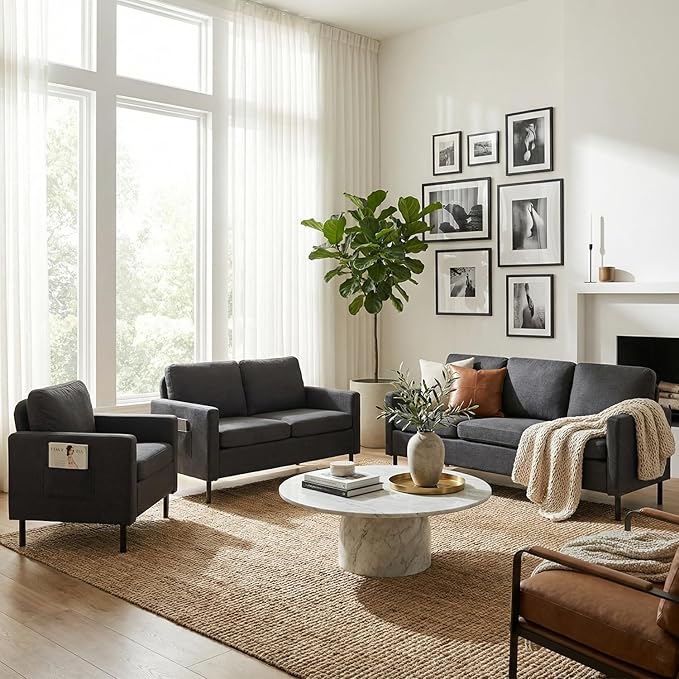 STHOUYN Modern 3-Piece Living Room Set 72 Grey 3 Seater Couch and 56 Loveseat with USB Ports Small Couch and Chair Set for Small Space Apartment Office (Grey 1 Chair + 1 Loveseat + 1 Couch)