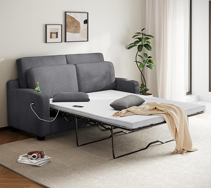 LINSY HOME Pull Out Sofa Bed - Convertible Loveseat Sleeper Sofa Upgraded Bed Frame Pullout Couch - USB Charging &amp Cup Holders Corduroy Sofa Bed for Living Room Small Space Queen Size (Grey)
