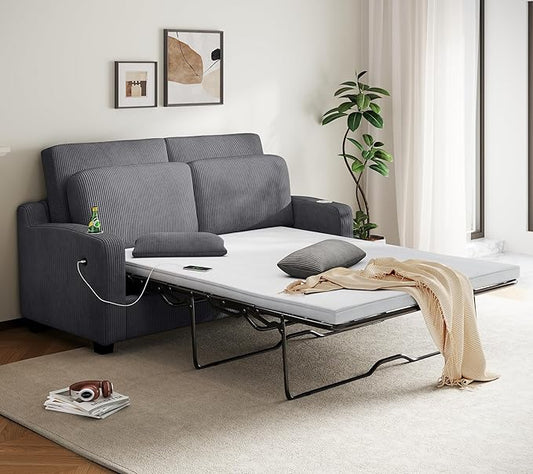 LINSY HOME Pull Out Sofa Bed - Convertible Loveseat Sleeper Sofa Upgraded Bed Frame Pullout Couch - USB Charging &amp Cup Holders Corduroy Sofa Bed for Living Room Small Space Queen Size (Grey)