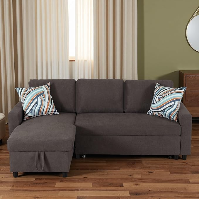 Sleeper Sofa Couch 2 in 1 Pull Out Couch Bed with Storage Chaise L Shaped Sectional Sleeper Sofas Bed Convertible Pullout Sofa for Living Room Apartment Dark Brown