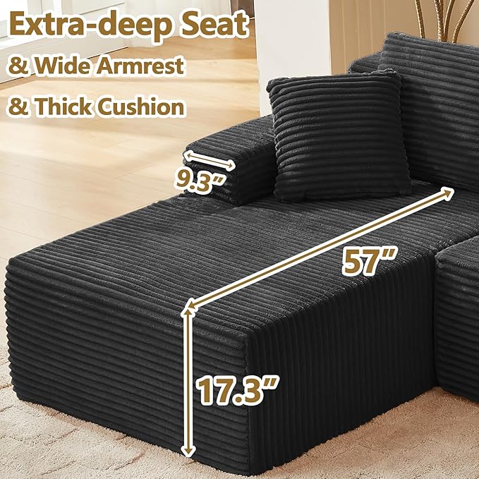 Minimalist Boneless Cloud Couches for Living Room Corduroy L Shaped Modular Sectional Sofa Couch W/Deep Seat &amp High-Back Comfy Memory Foam Couch Sofa in A Box (Black Left Facing Chaise)