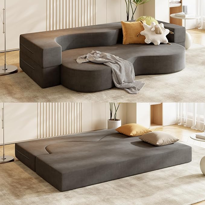 79 Floor Foam Sofa Bed Couch 3-in-1 Folding Sofa Bed with Heart Design Velvet Cover Futon Sofa Sleeper Ideal for Guest Dorm Living Room Bedroom Office Small Spaces(Grey)