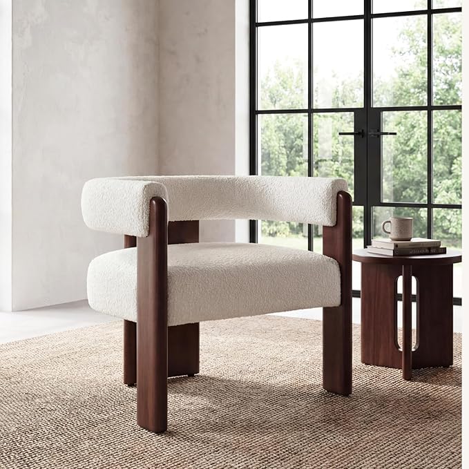 Modern Barrel Accent Chairs Set of 2 Cozy Upholstered Beige Boucle Living room Chair for Bedroom Solid Walnut Wooden Armchair Vintage Lounge Reading Chair for Apartment Waiting Room Office