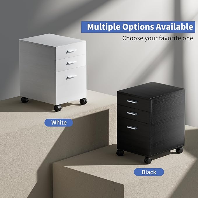 3 Drawer File Cabinet with WheelsPre-Assembled Black Wood OrganizerFits A4/Letter Size for Home OfficeMobile Printer Stand Storage19 L x 16 W x 22 H