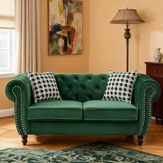 Loveseat Velvet Fabric Two- Seater Couch Buckle Design and Rivet Decoration Deep Seated Double Sofa Suitable for Living Room Bedroom Apartment Hotel etc (blue-02)