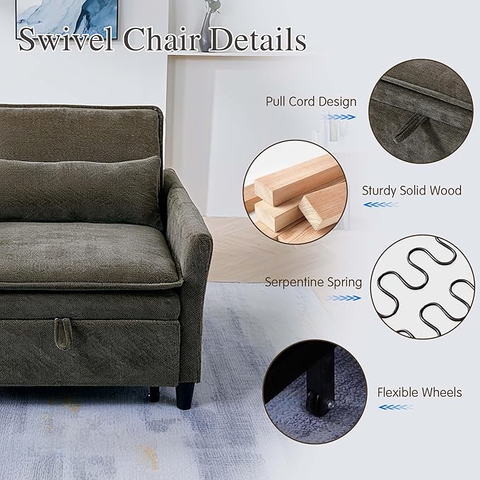 Sleeper Chair Pull Out BedChenille 3 in 1 Convertible Sleeper Couches Single Sofa Chair with Adjustable Backrest for Living Room Bedroom Small Spaces (Olive Green)
