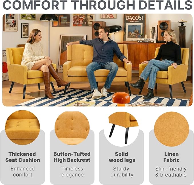 Mid-Century Modern 47 Small Loveseat &amp 2 Accent Chair Set Plush Linen Fabric with Button Tufted High Back &amp Solid Wood Legs for Apartment Living Room Bedroom Home Office (Yellow 3-Piece