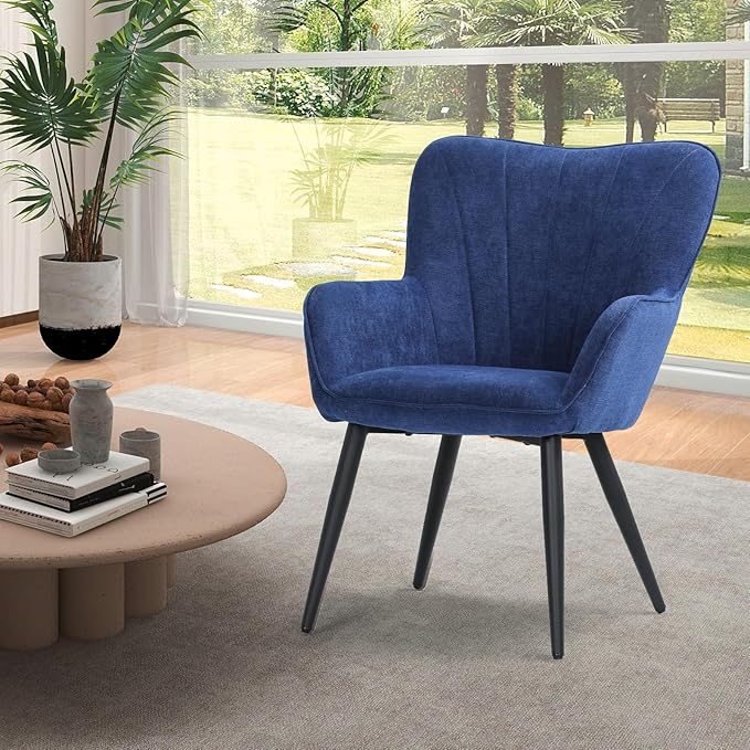 Athena Collection Wingback Accent Chair for Living Room Upholstered Arm Reading Chair for Adults Cozy Linen Fabric Armchair with Metal Legs for Bedroom Makeup Office Blue