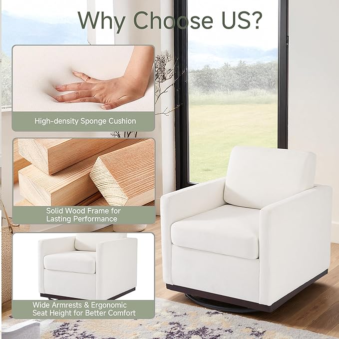 UIXE Swivel Accent Chair Chenille Upholstered Armchair Comfy Club Chair for Living Room Mid Century Modern Arm Chair Single Sofa Nook Bedroom Side Reading Seat - Beige