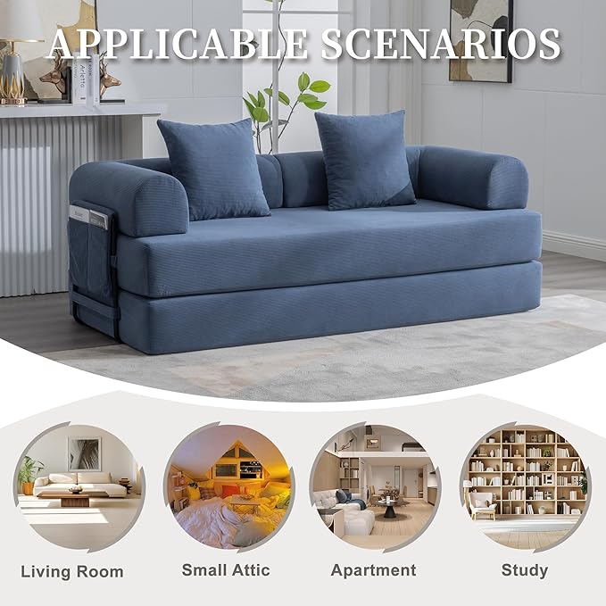 Convertible Sleeper Sofa Bed 78.5 Folding Floor Sofa Mattress Couch with Pillows Corduroy Futon Boneless Couch Lounge Loveseat with Pull Out Bed Navy Blue