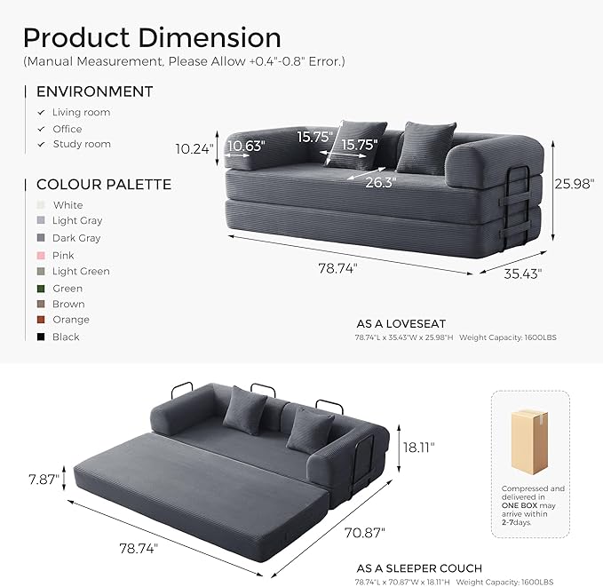 79 Floor Sofa Bed 5-in-1 Convertible Sleeper Sofa with Removable Armrests Corduroy Fabric Sofa Couch No Assembly Required for Living Room Dorm Studio (Dark Gray)