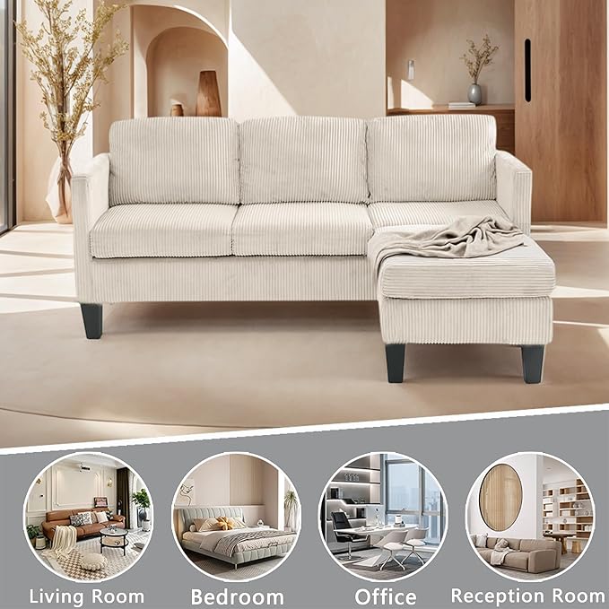 67'' L-Shaped Velvet Modular Sectional Couch Sofa with Ottoman 3-Seat Convertible Cloud Deep Seat Sofa Couches for Living Room Bedroom Apartment Cozy Chaise Lounge Sofas (Off White)