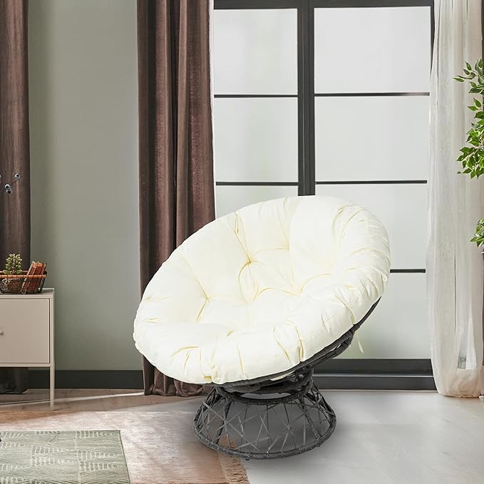 Naomi Home 40” Papasan Chair Indoor with Cushion and Frame – Round Wicker Papasan Chair with Thick Tufted Cushion Sturdy Metal Base Large Reading Chair for Bedroom &amp Living Room Cream