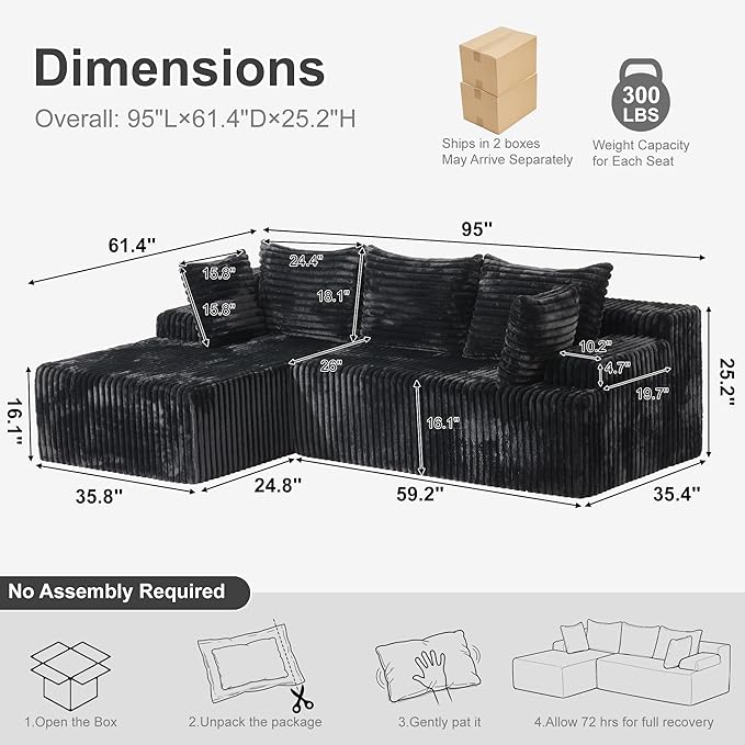 Redlife 95 L-Shaped Modular Sectional Sofa Faux Rabbit Fur Modular Floor Couch with Chaise High-Density 30D Foam Sponge No Assembly Required 5 Pillows Compressed for Living Room (Black)