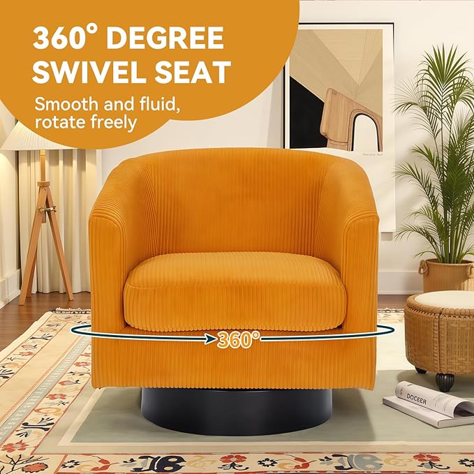 Swivel Accent Chair 360°Swivel Barrel Chair Comfy Upholstered Corduroy Club Armchair for Living Room Reading Room Bedroom (Yellow)