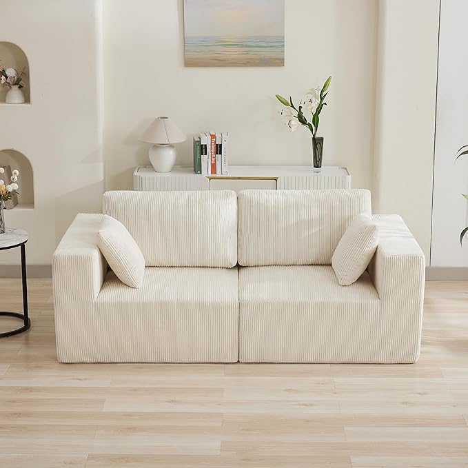 83'' Boneless Loveseat Sofa Comfy Deep Seat Sectional Cloud Couch No Assembly Corduroy Love Seat for Living Room Beige