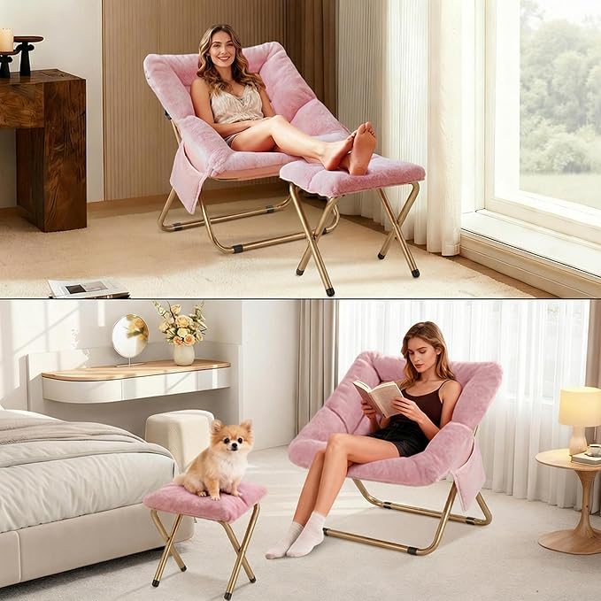 Comfy Saucer Chair for Adults Foldable Living Room Chairs Soft Faux Fur Lounge Chair for Bedroom Reading Chairs X-Large (Ottoman-Pink)