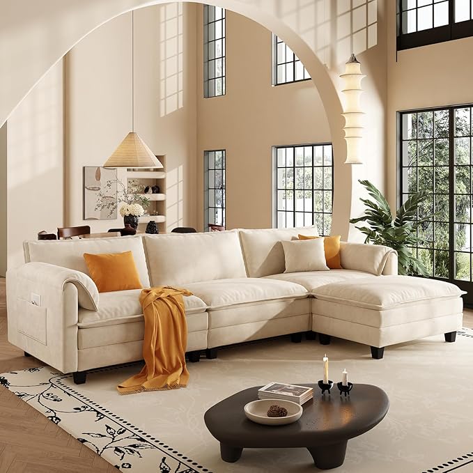 107 L Shaped Modular Sectional Cloud Couch with Pillow Deep Seat Sofa Couches for Living Room 4-Seat Modern Sofa with Movable Ottoman Comfortable Living Room Couch (Beige 107 Inch-L)