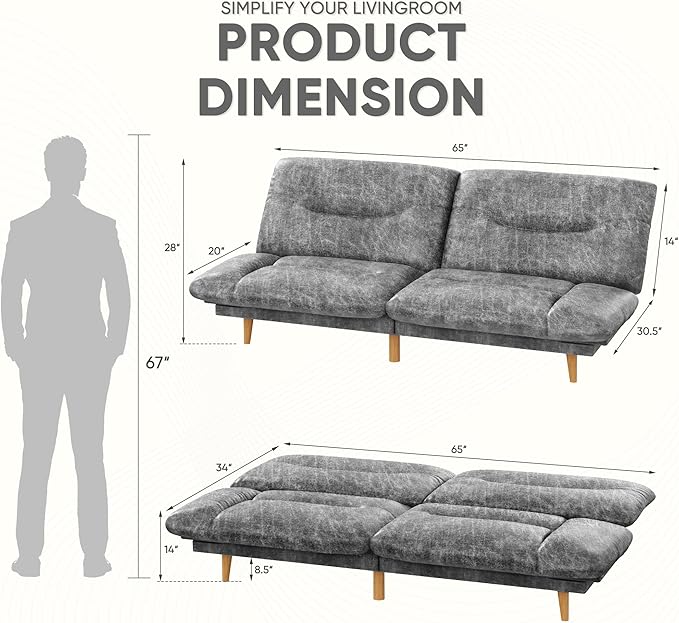 JUMMICO Convertible Futon Sofa Bed Sleeper Futon Couch with Adjustable Backrest and Armrests Modern Loveseat with Sturdy Wood Frame for Small Spaces Apartments (Leathaire Gray)