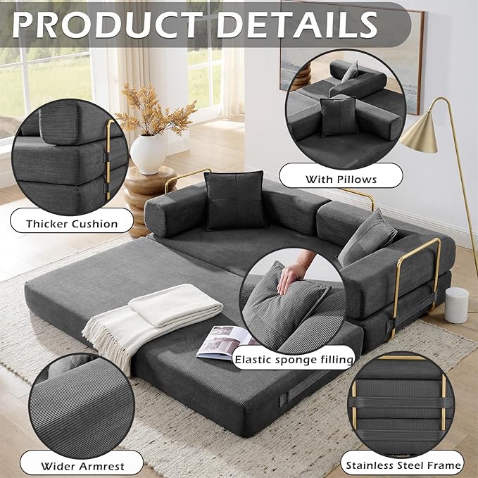 4-in-1 Folding Convertible Floor Sofa Bed 78 Oversized Compression Sofa No Assembly Required King Futon Lazy Couch Corduroy Loveseat Sleeper with Pull Out Bed Modular Futon Couch