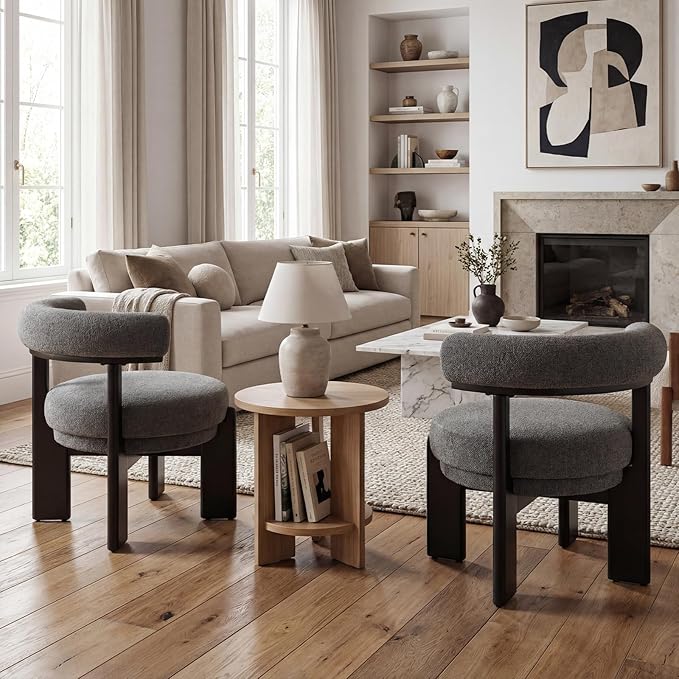 Modern Accent Chair Upholstered Barrel Chair Faux Sherpa Comfy Side Chair with Wooden Frame for Living Room Bedroom 1PC Black