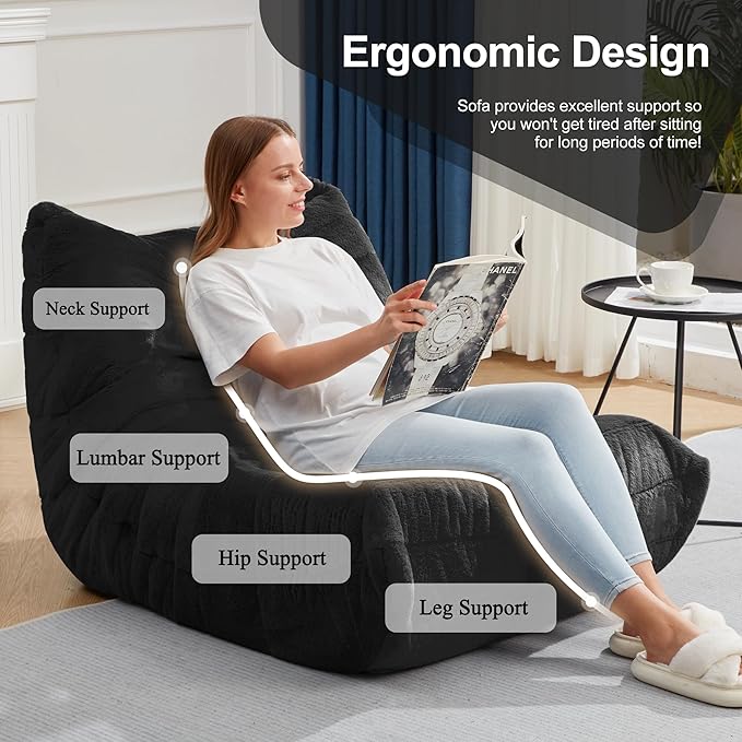 Bean Bag Chairs for Adults Giant Bean Bag Chair Memory Foam BeanBag Chair Bean Bag Sofa with Filler Faux Fur Fireside Beanbags Lazy Sofa for Living Room Bedroom Office (Black Plush Single)