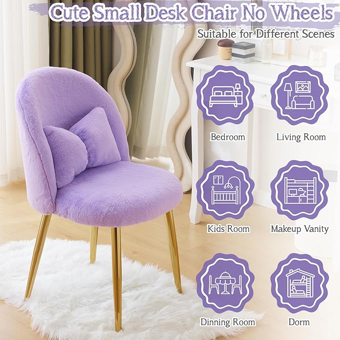 VINGLI Fluffy Girls Vanity Chair with Back &amp PillowCute Small Cozy Desk Chair No WheelsComfy Makeup Ch with Ajustable Gold Legsfor BedroomLiving RoomSmall SpacePurple